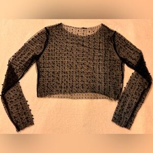 Cioatin Women Rhinestone Pearl Sheer Mesh Long Sleeve Sparkle Top Black